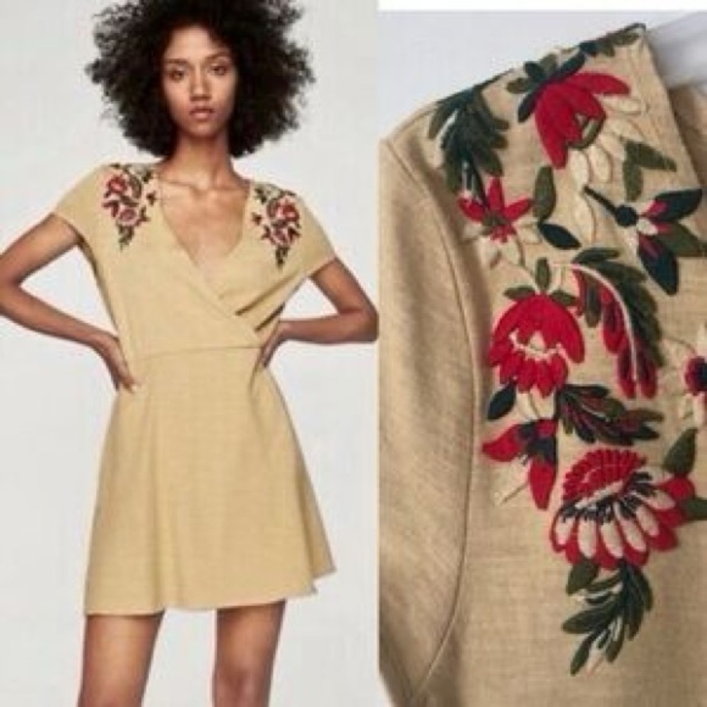 Zara | NWT Embroidered Beige Knit Dress Sz M